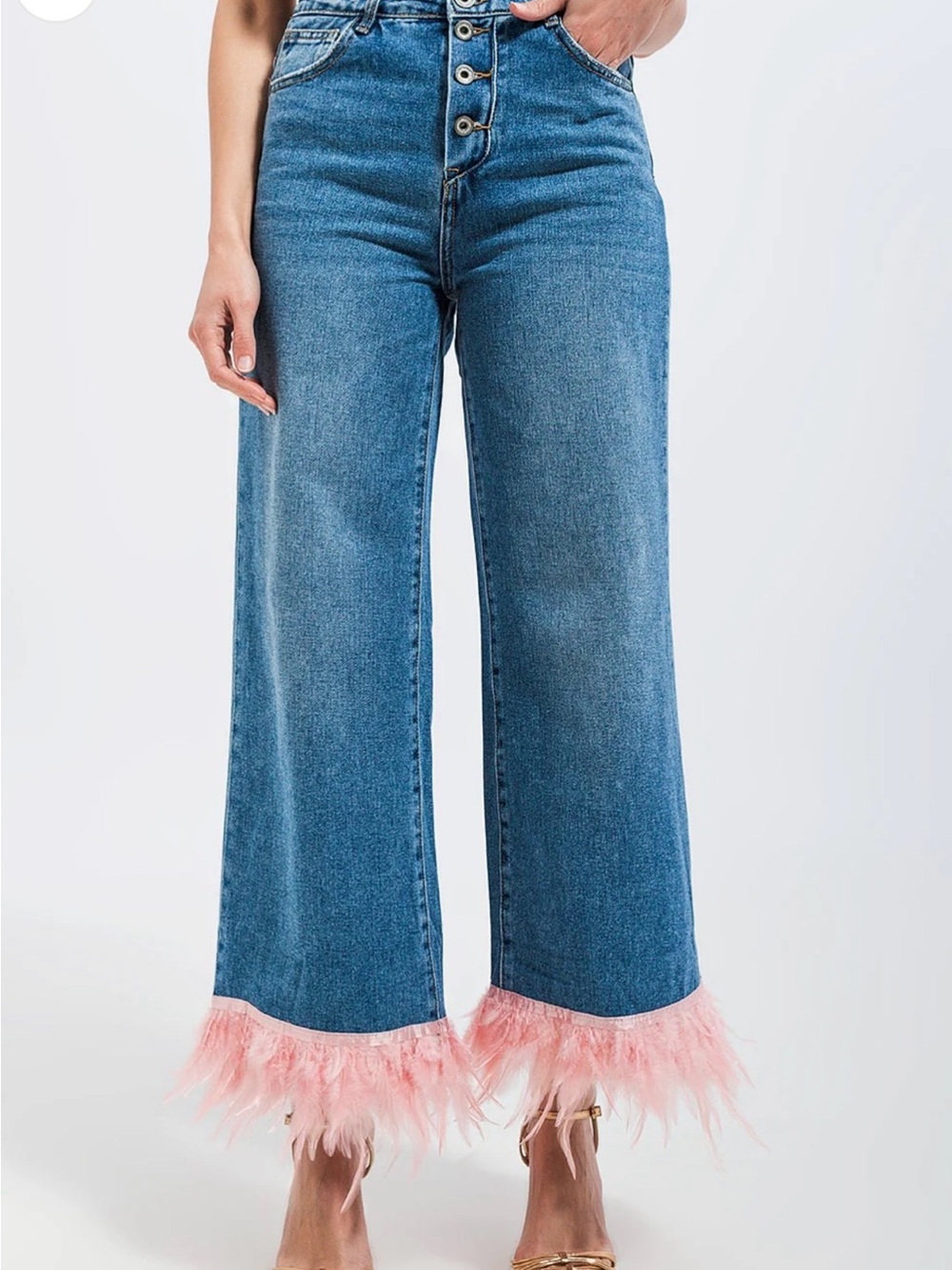 High-Rise Blue Wide-Leg Jeans with Pink Feather Hem
